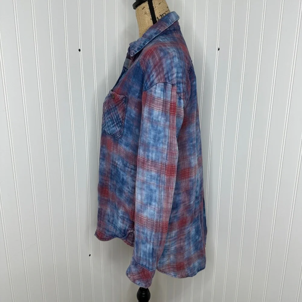 Free People Oversized Double Dip Plaid Shirt Blue Red‎ Button Up Gauzy Sz XS